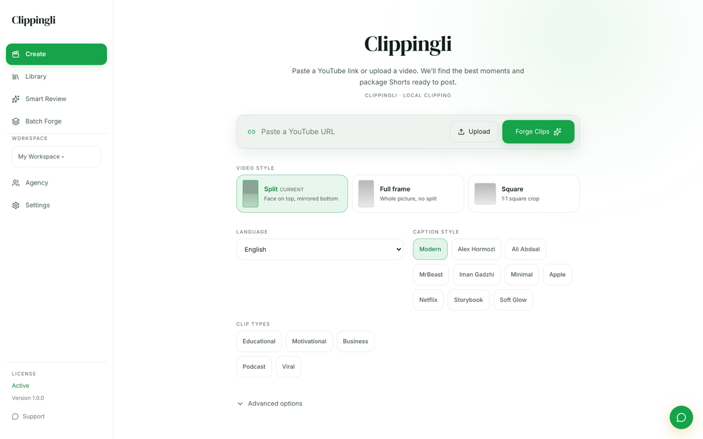 Clippingli Create: paste a YouTube URL or pick a file, then clip locally