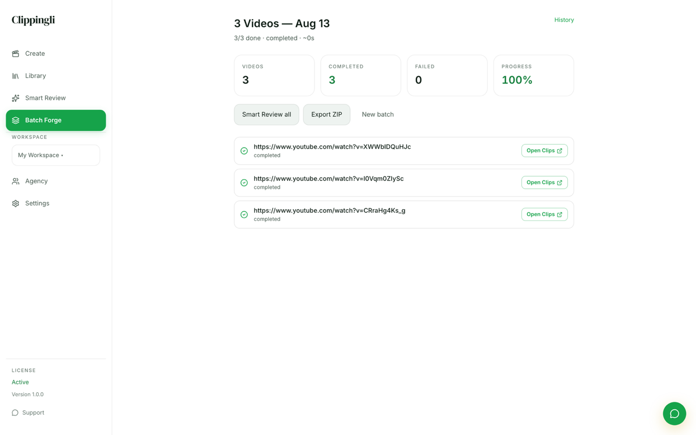 Clippingli Batch queue of finished and running jobs